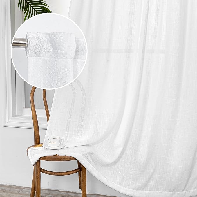MYSKY HOME Patio White Curtains for Sliding Door, Living Room Curtains & Drapes Soft Cotton Farmhouse Window Treatments 90 inch Length 2 Panels Set Linen Look Semi Sheer Draperies, 50" W x 90" L