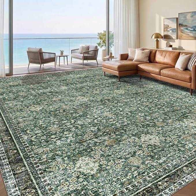 Sasttie 9x12 Area Rug, Ultra-Soft Washable Rug, Low Pile Foldable Thin Carpets with Non-Slip Backing, Skin-Friendly Stain Resistant Carpet for Living Room, Bedroom, Kitchen, Dorm, 9x12, Dark Green