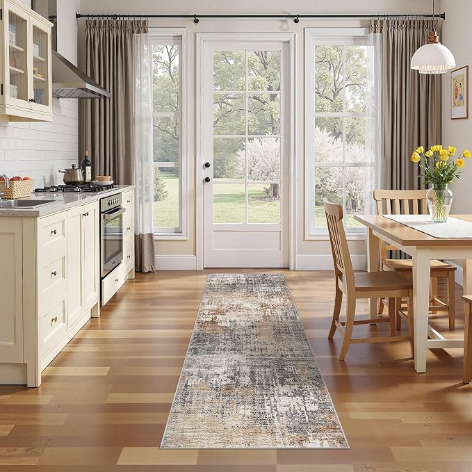 DMOYEST Washable Runner Rug for Hallway: 2x6 Neutral Modern Abstract Low Pile Area Rug with Non-Slip Backing - Carpet for Bedroom Kitchen Laundry Entryway Bathroom Indoor - Grey Brown