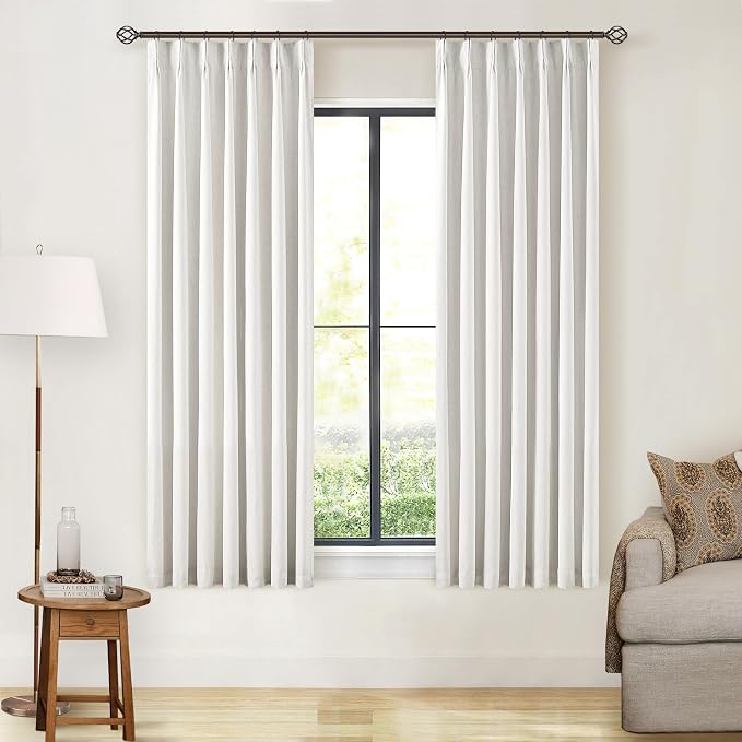 Beige White 63 Inch Length Blackout Pinch Pleated Linen Curtains with Liner | Memory Trained, 100% Black Out, Thermal Insulated, UV Blocking, Noise Reduce Curtains for Small Window Bedroom 2 Panels 40x63