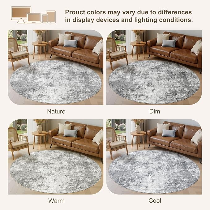 10ft Round Area Rugs for Living Room, 10x10 Washable Non Slip Soft Large Rugs for Bedroom Dining Room, Modern Abstract Low Pile Stain Resistant Carpet for Laundry Office Home Decor - Gray