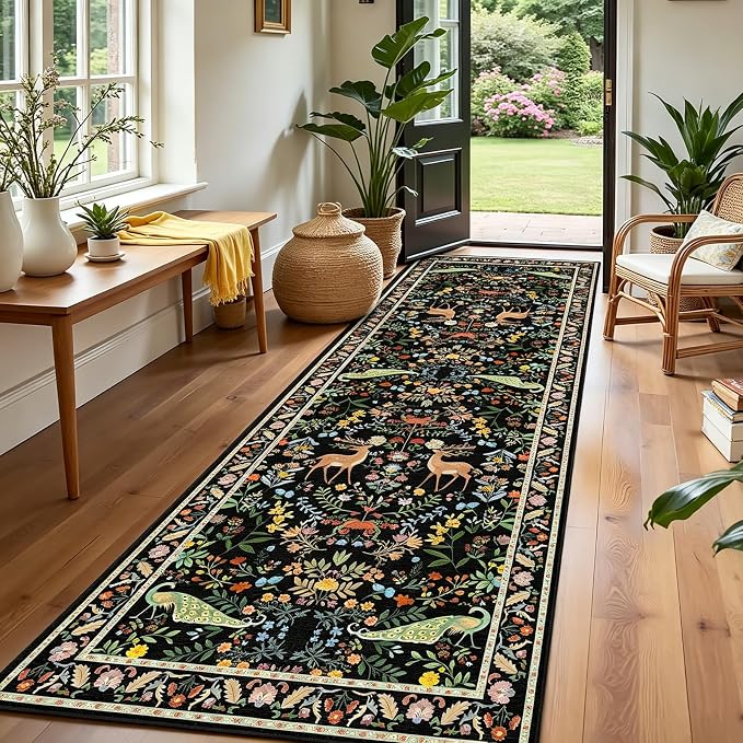 Black Floral 2'6"x8' Washable Non Slip Runner Rugs for Hallways, Non Skid Stain Resistant Rug Runners for Kitchen, Entryway, Mudroom - Dark Floral Cottagecore Home Decor