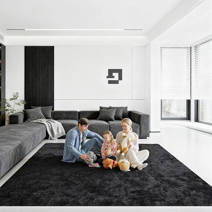 8x10 Area Rugs for Living Room, Large Fluffy Rugs for Bedroom, Fuzzy Shag Soft Non-Slip Carpet for Kids Girls and Boys Nursery Dorm Indoor Room Home Decor (8ft X 10ft, Tie-Dyed Black Grey)