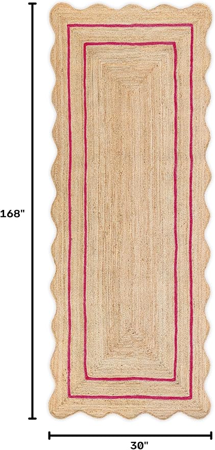 Wave Scalloped Natural Jute Runner, Dark Pink (2'6"x14'): Boho Farmhouse Entryway Scallop Rug