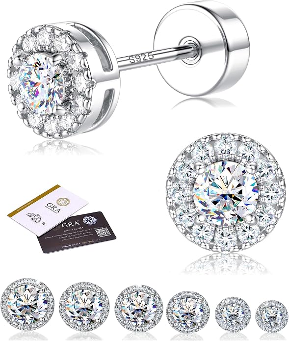 Moissanite Stud Earrings with Flat Back - 925 Sterling Silver D Color VVS1 Moissanite Earring for Women Men,14K White Gold Plated Brilliant Halo Stud Earrings Hypoallergenic Jewelry for Sensitive Ear