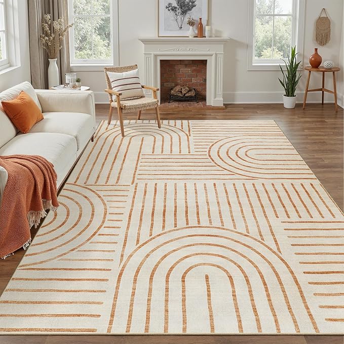 DCX Beige Machine Washable 8x10 Area Rugs, Midcentury Modern Non Slip Stain Resistant Rug 8x10 for Living Room, Playroom, Dining Room, Soft Low Pile Large Carpet