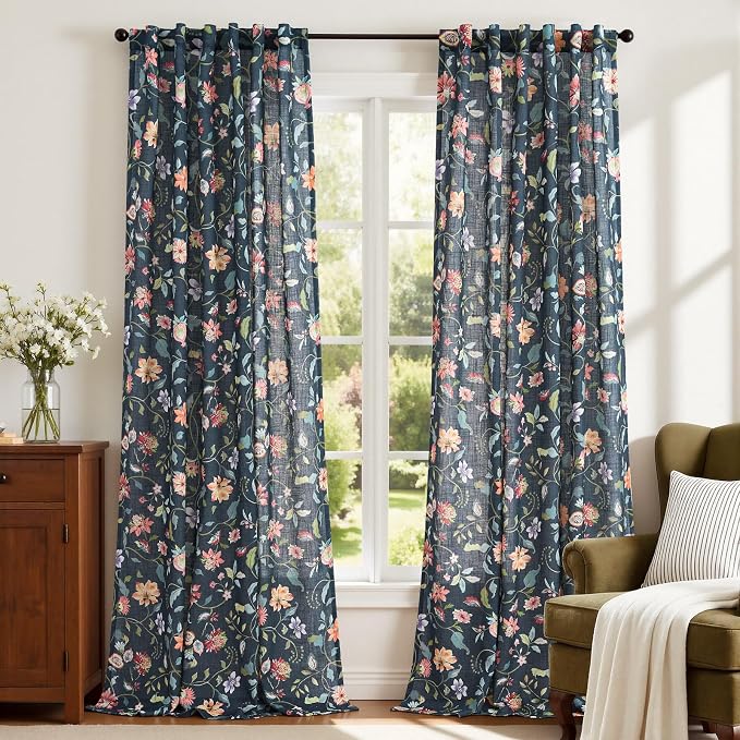 jinchan Dark Blue Floral Linen Curtains 96 Inch Vintage Back Tab 2 Panels | Light filtering, semi sheer, farmhouse, cottage core, privacy, drapes, living room, bedroom, window treatment, home decor