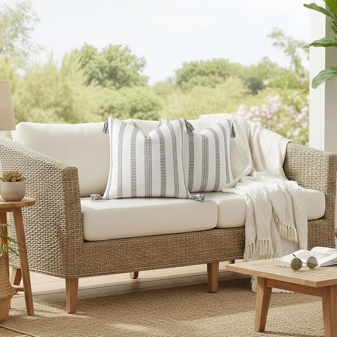 Smile Bee Boho Outdoor Couch Throw Pillow Covers Set of 2 Decorative Thick Woven Striped Accent Neutral Pillow Covers with Tassels for Bed Sofa Home Decor 20x20 Inch, Grey and Cream White | Woven Cozy Boho Decorative Modern Farmhouse Accent Pillow Case...