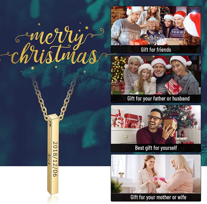 LanM Gifts for Dad Father's Day Gifts Personalized Mens Necklace Custom Name Necklaces for Men Bar Necklace for Women Engraved Initial Name Vertical Bar Necklace for Father