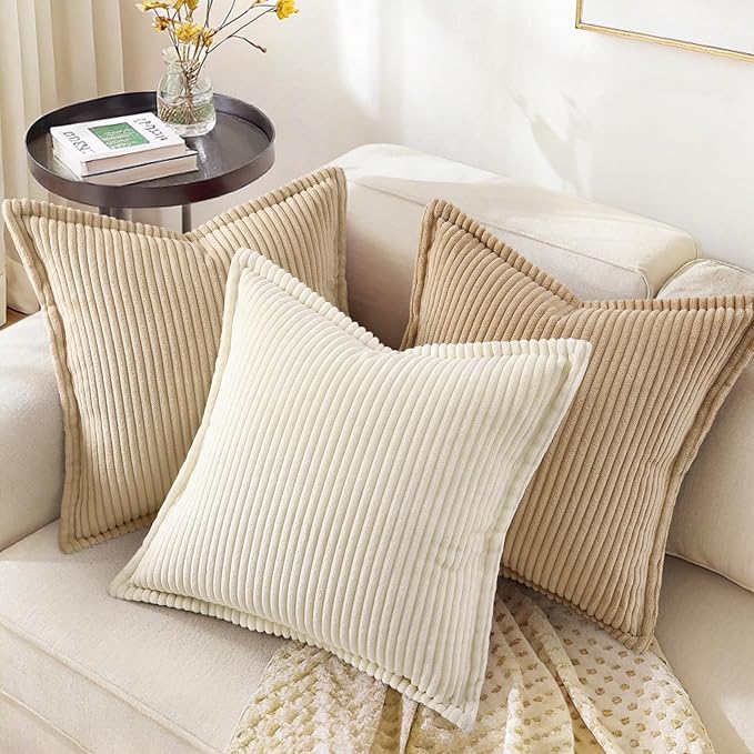 decorUhome Fall Corduroy Natural Beige Throw Pillow Covers 22x22 Set of 2 | Euro Sham Couch Decorative Soft Modern Boho Farmhouse Pillow Covers Broadside Striped Pillow Cases for Living Room Bed Sofa
