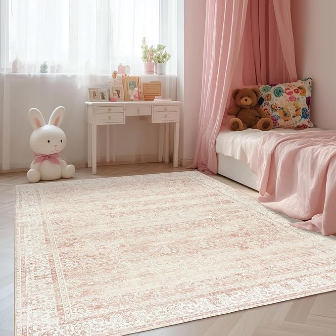 BILEEHOME Vintage Pink Rug 4x6 Washable Non Slip Floral Aesthetic Indoor Rugs for Entryway Kitchen Low Pile Carpet for Laundry Room Bathroom Front Door Mat for Entrance 4 x 6