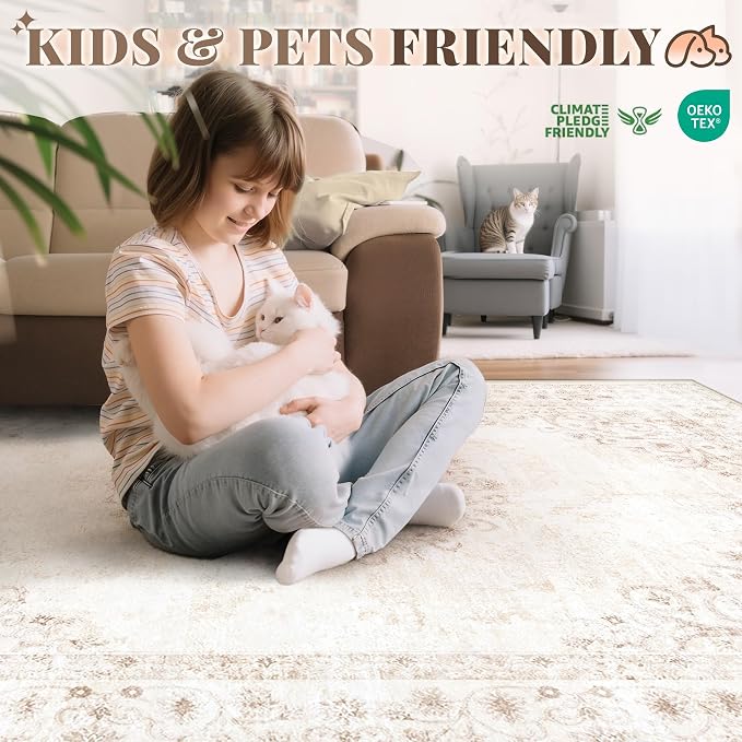 Area Rug 5x7 Vintage Rug: Washable Indoor Medallion Rugs Low Pile Distressed Floor Carpet Retro Accent Rug for Living Room Bedroom Kitchen Dining Table Home Office(Distressed Beige, 5'x7')