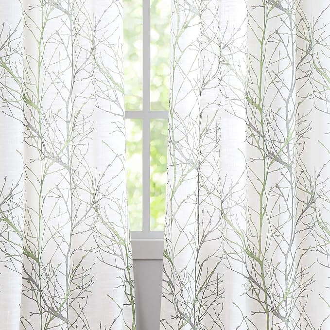FMFUNCTEX Linen Sage Green White Semi Sheer Print Curtains 45 Inch 2 Panels | Short Sheer Branch Patterned Drapes, Light Filtering Grommet Panels for Kitchen, Bathroom, Cafe Windows and Farmhouse Curtain