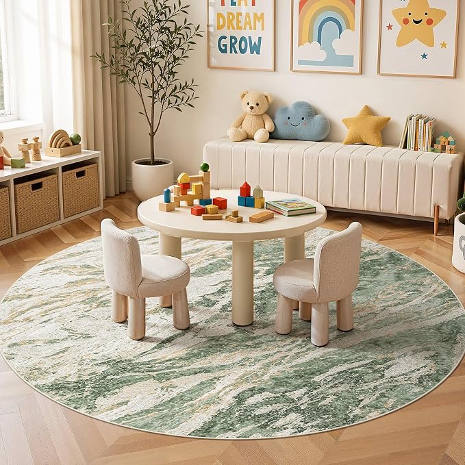 Area Rugs for Living Room: 8ft Round Abstract Washable Rug Modern Neutral Large Soft Stain Resistant Non-Slip for Bedroom Dining Room Indoor Home Office Carpet - Green Brown