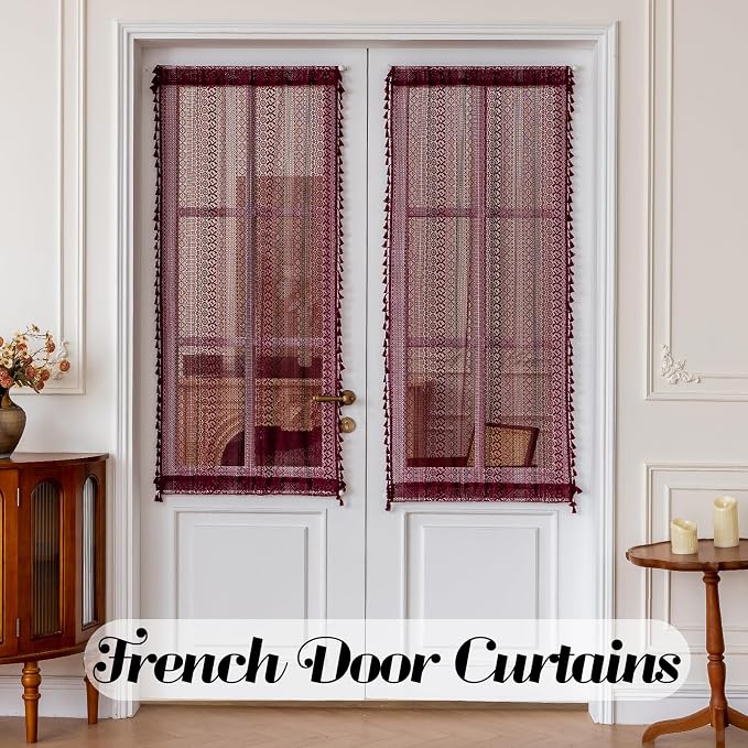 Sutuo Home Burgundy French Door Curtains for Front Door Glass & Sidelights, Farmhouse Light Filtering Bohemian Tassels Vintage Privacy Red Drapes for Window, Rod Pocket 2 Panels 25" W x 72" L