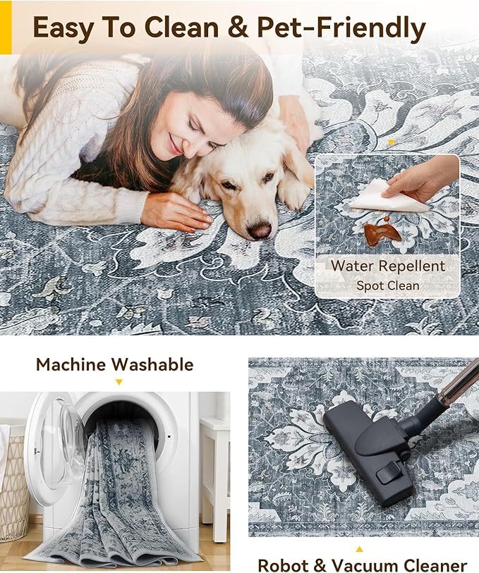 RELEANY Area Rugs Runner 2'6"x5' Washable Non-Slip, Floral Vintage Distress Medallion Carpet for Kitchen Hallway Bedroom Beside Laundry Room Bathroom, Light Gray Grey White