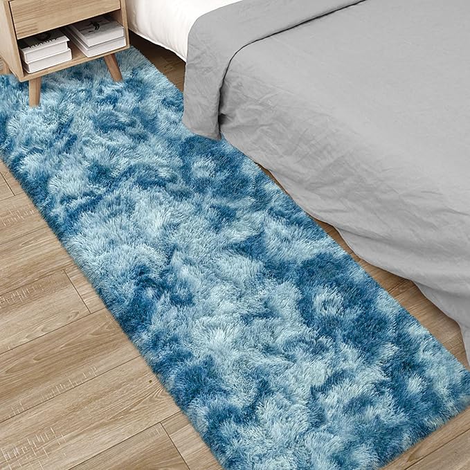 2x6 ft Soft Blue Runner Rugs for Bedroom Living Room Blue Fluffy Rug Plush Shag Carpet Non Slip Washable for Nursery Dorm Fuzzy Bedside Rug Runner for Kids Girls Room Home Decor