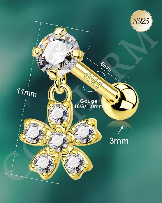 COCHARM 14K Gold Plated Cartilage Earrings Stud 16G Dangle Star 925 Sterling Silver Helix Tragus Earrings Surgical Steel Flat Back Earrings Dangly