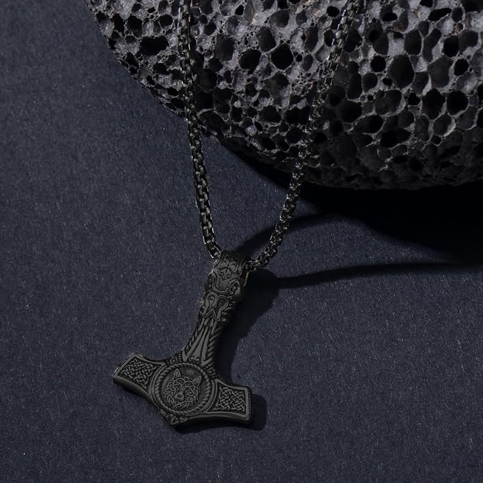 PROESS Thors Hammer Necklace Sterling Silver Celtic Knot Wolf/Lion/Raven Necklace Viking Mjolnir Pendant Jewelry for Men