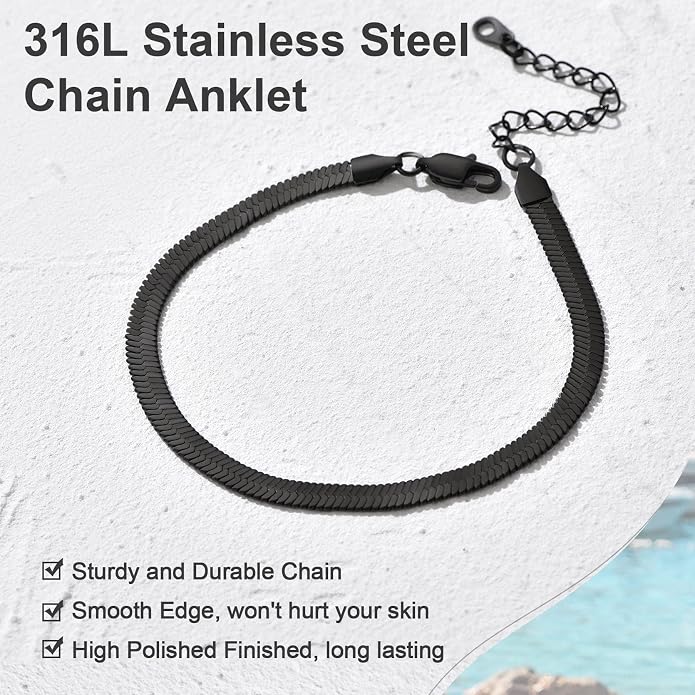 GoldChic Adjustbale Link Chain Anklet for Women Summer Jewelry, 316L Stainless Steel Figaro/Wheat/Twist Rope/Cuban Foot Bracelet-Waterproof, Resizable 9"-12" (Gift Box Included)