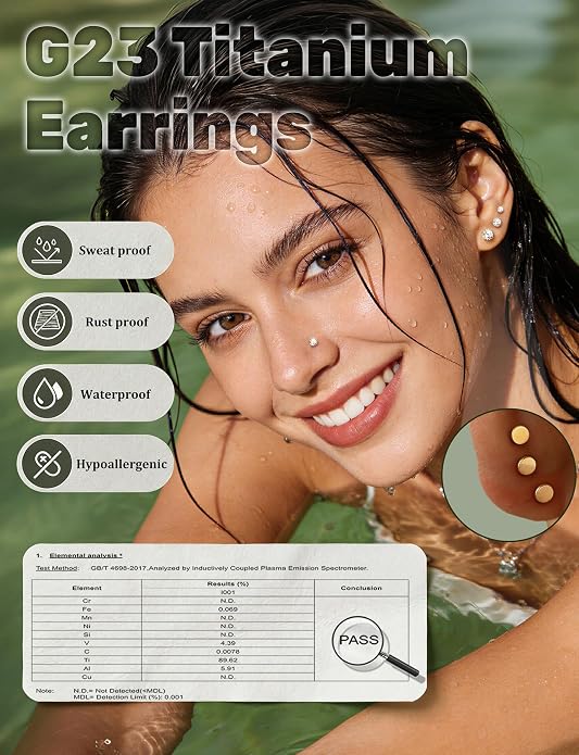 GEMQUEEN 8 PCS Moissanite ＆ Implant Grade G23 Titanium Nose Studs Flat Back Earrings Hypoallergenic : 14K Gold Plated Nose Rings 20G Push in Threadless Cartilage Helix Piercing Jewelry for Women Men