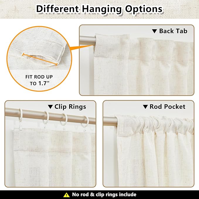 MYSKY HOME Country Curtains for Sliding Glass Door, Back Tab Semi Sheer Curtain Panels Extra Long Floor Length Drapes Linen Texture Soft Touch, 50x108 Inch, Linen, Set of 2