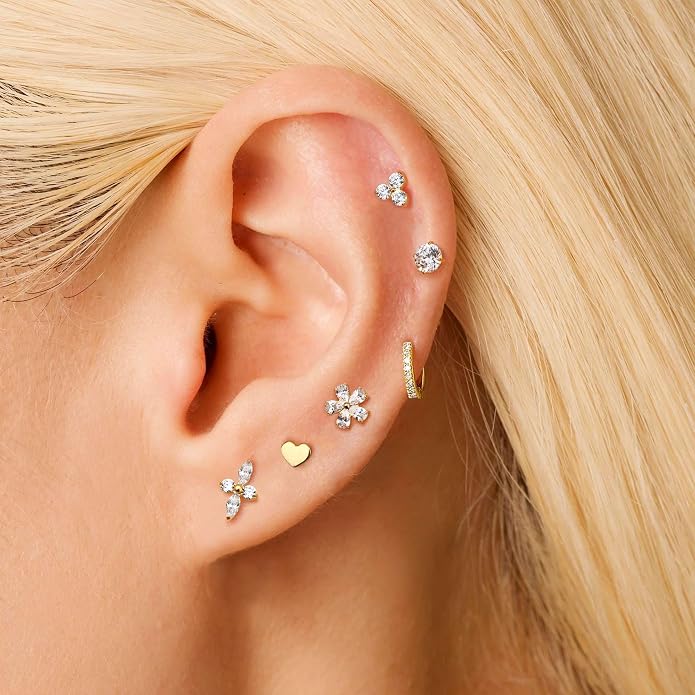 BodyBonita 16G Gold Stud Earrings Flat Back - G23 Titanium Internal Thread Clear CZ Cartilage Earrings for Women