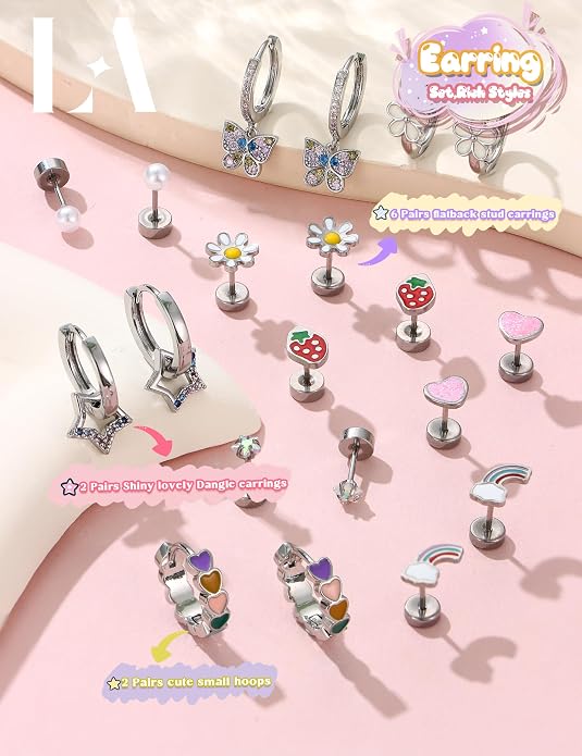 LOLIAS Hypoallergenic Earrings for Girls Flat Back-Stainless Surgical Steel Earrings for Sensitive Ears Women Cute Hoops Flatback Studs Screw Back Toddler Kids Teen Girls Earrings Jewelry
