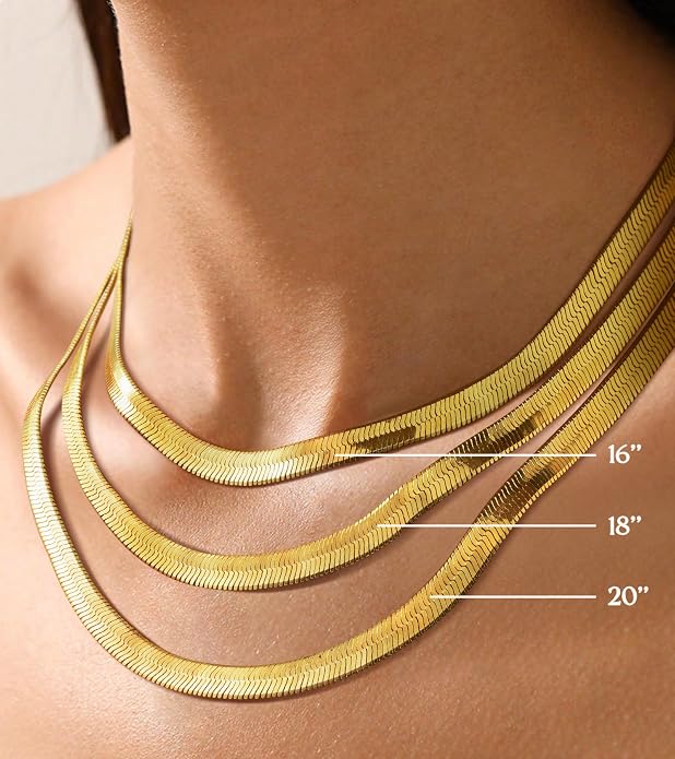 Wowshow 14K Gold Plated Italian Snake Chain Necklace Flat Herringbone Choker Dainty Necklace Bracelet Set for Women 16-18-20 Inch