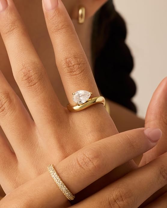 PAVOI 14K Gold Plated Wavy Engagement Ring for Women | Solitaire Cubic Zirconia Wedding Band & Promise Rings for Her | Trendy Fashion Jewelry