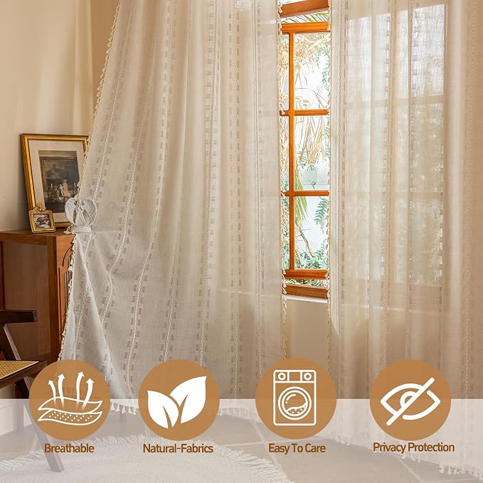 Natural Boho Sheer Curtains 72 inches long 2 Panels for Bedroom, Light filtering Semi Sheer Bohemian French Country Privacy Tassels Vintage Chic Embroidery Stripes Window Curtains Back Tab, 50" W