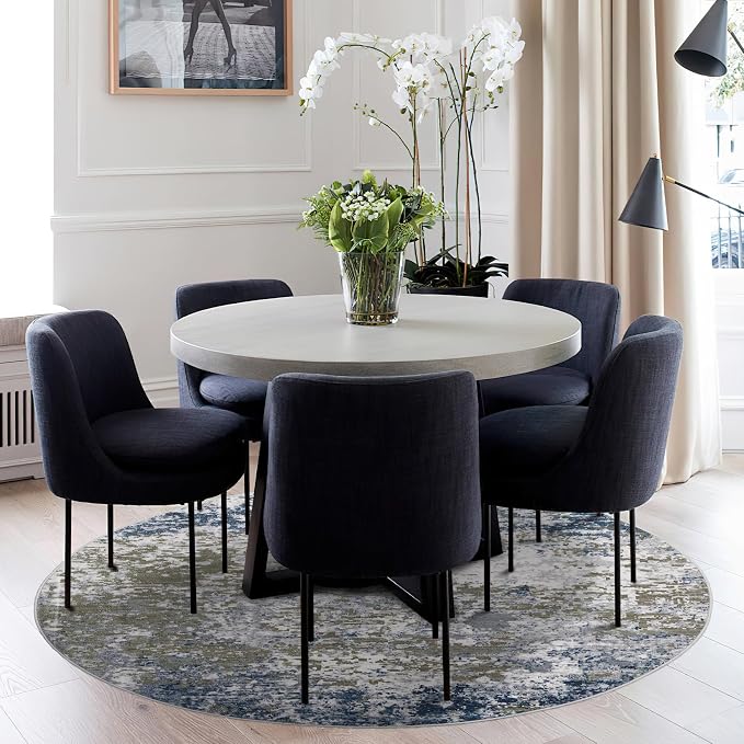 ROYHOME Modern Abstract 8x8 Round Area Rug Non Slip Non Shedding Rug Low Pile Stain Resistant for Bedroom Living Room Office Dining Room,Navy