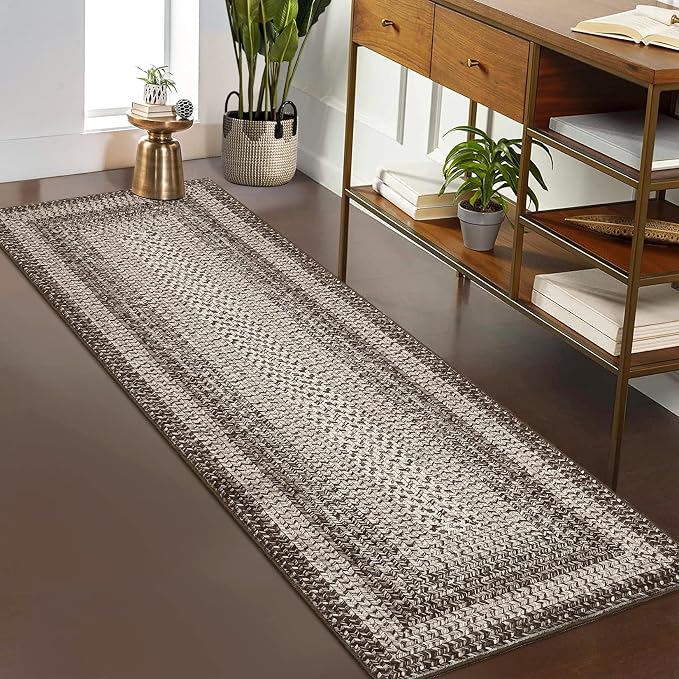 2x6 Boho Runner Rug Braided Print Hallway Area Rug Machine Washable Throw Floor Cover Non Slip Moroccan Runner Carpet for Kitchen Farmhouse Rustic Carpet for Living Room Bedroom, Mocha