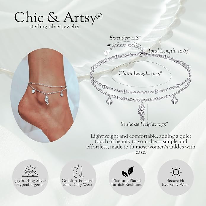 CHIC & ARTSY 925 Sterling Silver Ankle Bracelets for Women, Adjustable Layered Foot Chains with Nature & Symbol Charms, Lightweight Comfort Fit Boho Beach Everyday Jewelry