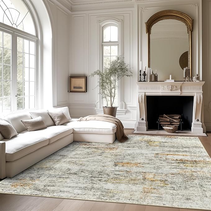 Soalmost 10x14 Area Rugs for Living Room, Non Slip Machine Washable Vintage Rugs, Low Pile Lightweight Large Rug for Bedroom, Dining Room, Home Office Gray Rust