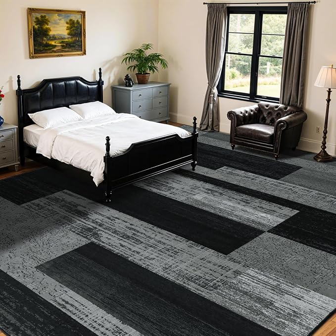 LIANLAM 8x10 Washable Area Rugs for Living Room & Bedroom(8x10,Black&Gray) | Non-Slip Large Carpet,Vintage Checkered Pattern, Stain Resistant Faux Wool Low Pile Soft Rug for Dining Room,Office,Nursery