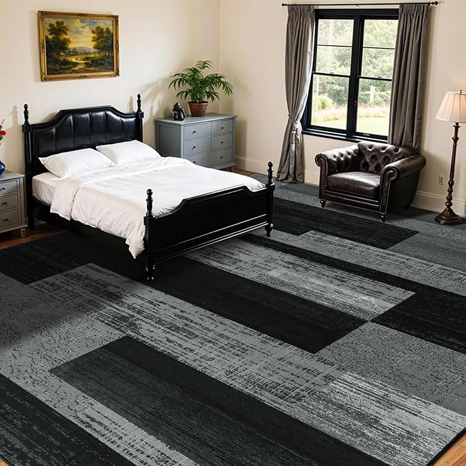 LIANLAM 10x14 Washable Area Rugs for Living Room&Bedroom(10x14,Black&Gray) | Non-Slip Large Carpet,Vintage Checkered Pattern, Stain Resistant Faux Wool Low Pile Soft Rug for Dining Room,Office,Nursery