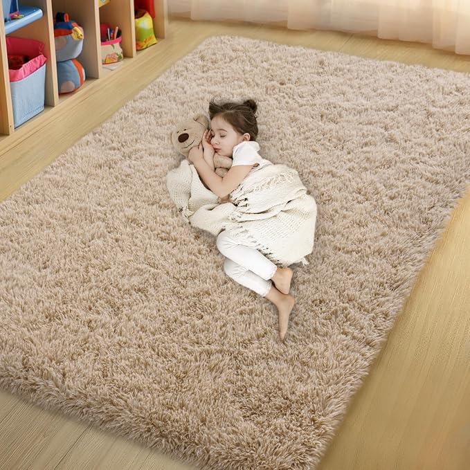 qulint Bedroom Area Rugs 4x6, Fluffy Soft Shag Kids Rug for Boys and Girls Small Carpet for Nursery, Fuzzy Plush Shaggy Alfombras for Teen Dorm Livingroom Home Decor Aesthetic (4ft x 6ft, Light Tan)