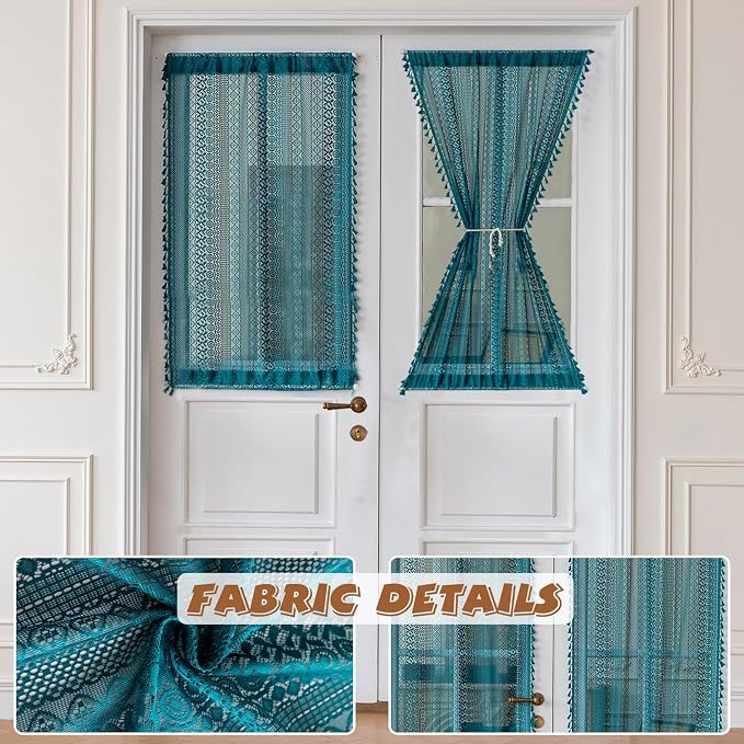Sutuo Home French Door Curtains for Doorway Glass & Sidelights, Semi Sheer Door Window Curtains for Patio Vintage Chic French Country Tassels Privacy Drapes Rod Pocket 2 Panels 25" W x 40" L Teal