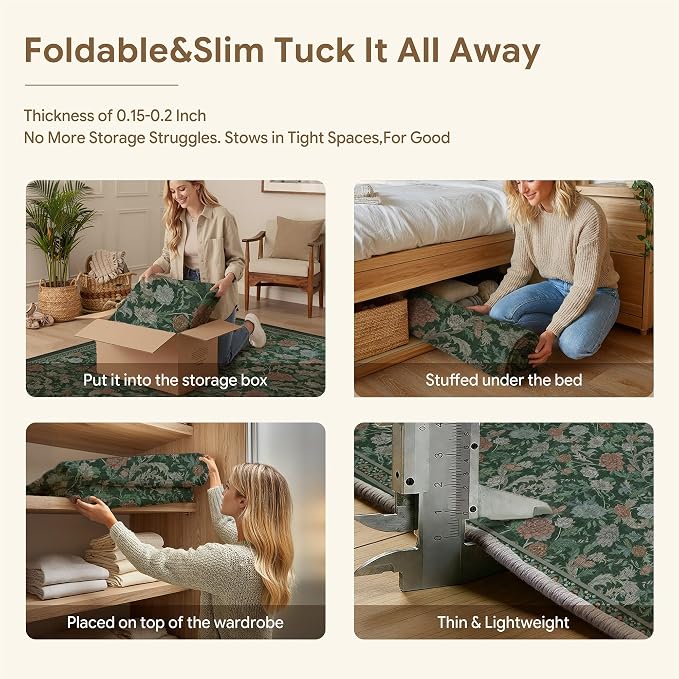HUGEAR Retro Area Rugs 8x10 Washable Living Room Bedroom Rugs Vintage Floral Throw Carpet Green Stain Resistant Non Slip Low Pile for Home Aesthetic Modern Decor
