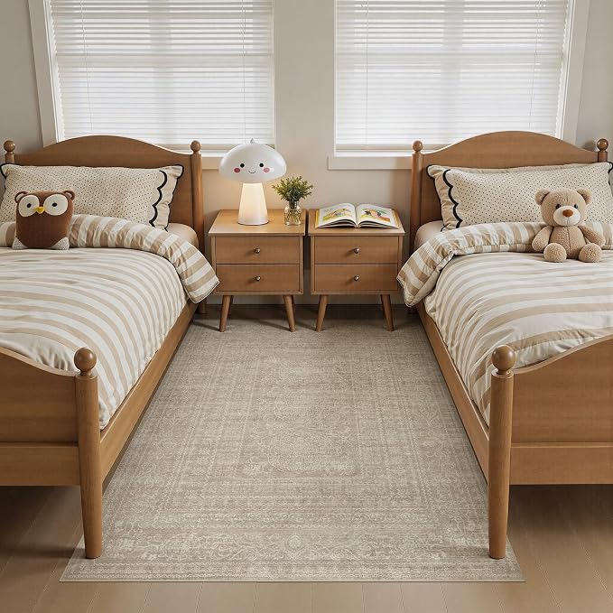 Nakagishi 4x6 Area Rugs Living Room: Washable Large Vintage Rug Neutral Non-Slip Soft Stain Resistant Indoor Carpet for Bedroom Nursery Dining Room Office Playroom - Brown