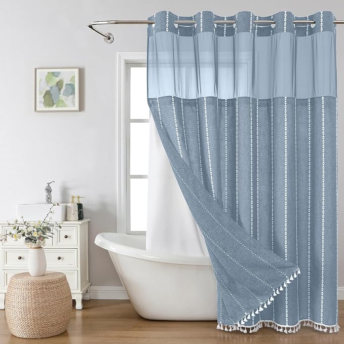 eachope No Hook Extra Long Shower Curtain Set with Snap-in Liner,Linen Textured Thick Striped Fabric with Tassels,Boho Chic Modern Farmhouse Bathroom Curtain,Water-Repellent,Blue,71x86