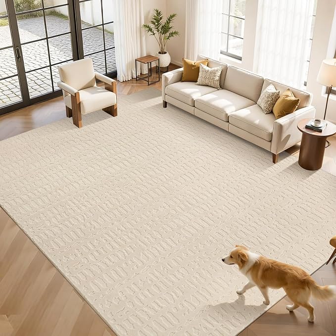 Yamaziot 9x12 Washable Area Rug, High-Low Grid Textured Living Room Rugs, Soft Fluffy Non-Slip Mats Stain Resistant Contemporary Boho Carpet for Dining Room, Kids Nursery Room, Bedroom, Office