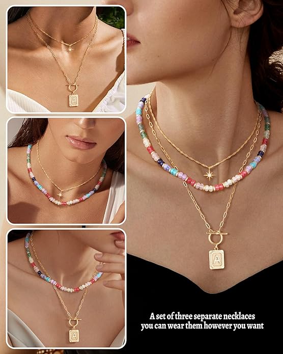 MJartoria Layered Initial Necklaces for Women Trendy, 14K Gold Plated Brass Simple Star Choker Square Letter Pendant Necklace, Colorful Beaded Necklaces Jewelry Gifts