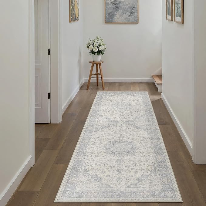 PureCozy 2x6 Washable Runner Rug Neutral Gray Vintage Floral | Non Slip, Soft Low Pile, Hallway Carpet for Kitchen, Entryway, Laundry Room, Farmhouse Decor