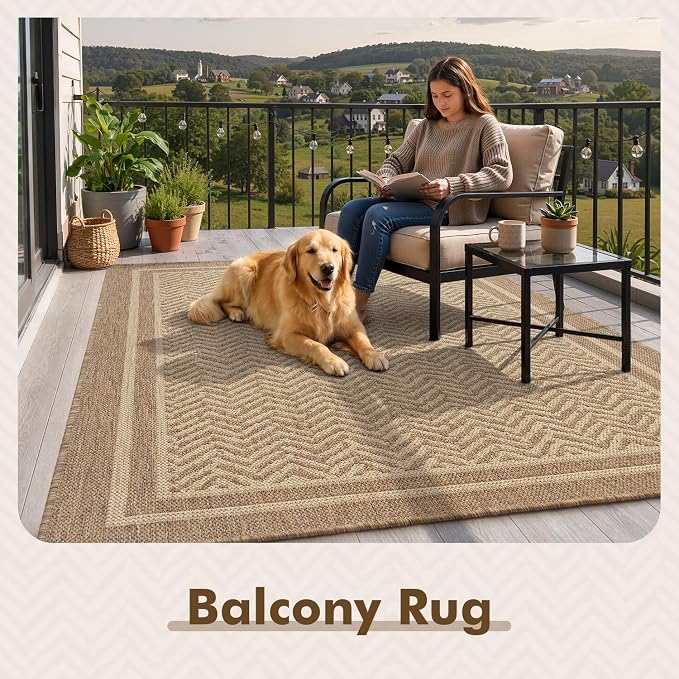 MontVoo-Outdoor Rug-Patio Rug 4x6 Polypropylene Indoor Outdoor Rugs Outdoor Carpet for Patio Deck Balcony Porch, Textured Weave, Durable for High Traffic, Fade-Resistant, Boho Farmhouse Neutral Brown