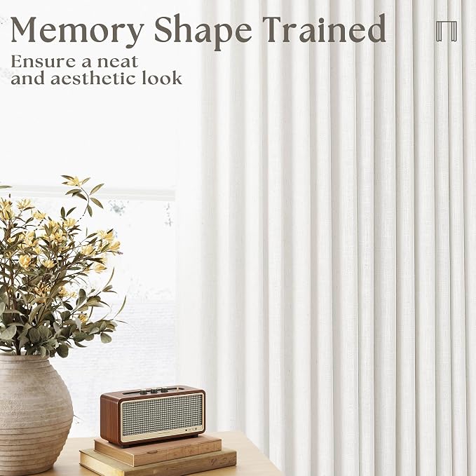 TWODRAPES Beige White Pinch Pleated Linen Curtains 63 Inch Length 2 Panels | for Dining Living Room Bedroom Window, Memory Shape Trained, 400GSM Fabric, Semi Sheer, Pinch Pleat with Hooks Rings 40x63