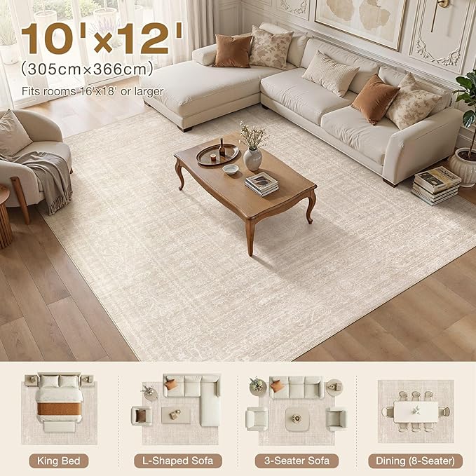 Nakagishi 10x12 Area Rugs Living Room: Washable Large Vintage Rug Neutral Non-Slip Soft Stain Resistant Indoor Carpet for Bedroom Nursery Dining Room Office Playroom - Beige