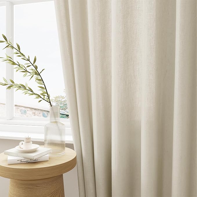 Pinch Pleated 105 Inch Linen Curtains with Hooks Rings Semi Sheer | Light Filtering, Custom, Memory Shape, Pleat Drape, 105 Inches, for Living Dining Room, Farmhouse, Grayish Beige Tan, 1 Panel