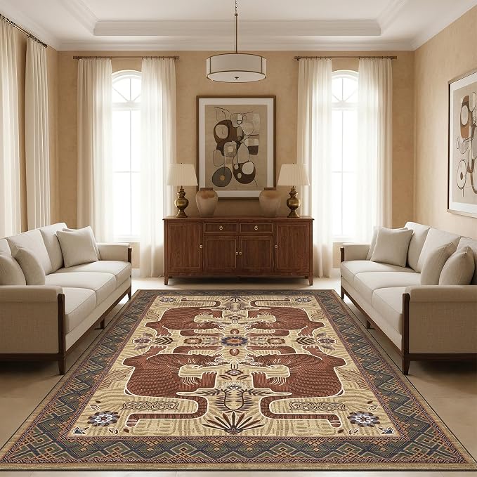 GarveeHome Tibetan Tiger 8x10 Washable Area Rugs for Living Room, Boho Tribal Camel Soft Animal Print Throw Rug Vintage Non Slip Ultra Thin Stain Resistant Floor Carpet for Office Bedroom